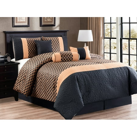 7-Pc Diamond Trellis Lattice Floral Jacquard Embossed Pleated Comforter Set Gold Black Queen