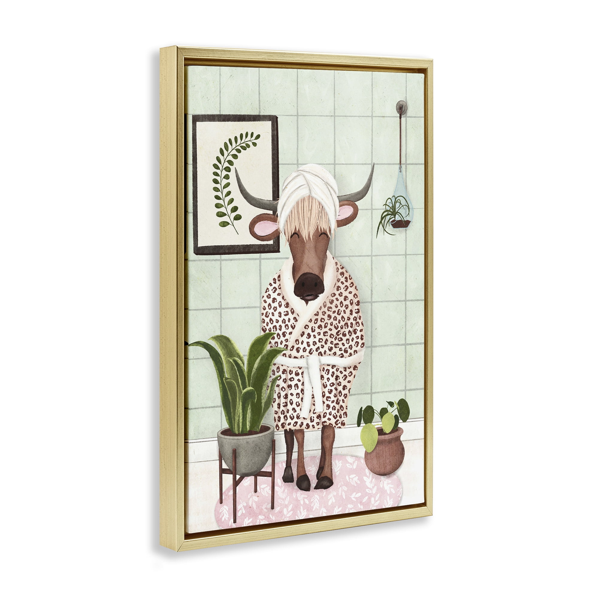 Stupell Industries Cow in Bathrobe Typography Painting Gold Floater Framed Canvas Art Print Wall Art, 21 x 31