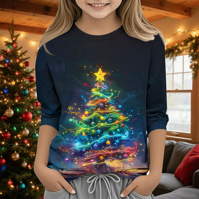 MKOSPLRT 3-12 Ans Enfants Chandails de Noël Laids Manches 3/4 Xmas T-Shirts Graphiques Arbre Col Rond Chandails Scintillants de Fête pour Fille Garçon