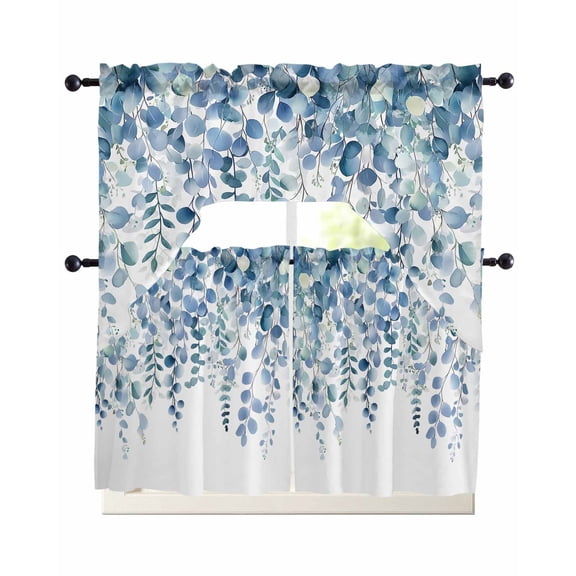 Eucalyptus Blue Kitchen Curtains Swag Valance and Tier Curtains Set 24 Inch Length, Farmhouse Leaves Summer Spring Rod Pocket Drape Panels Pair Swag Curtain for Bathroom/Cafe/Window