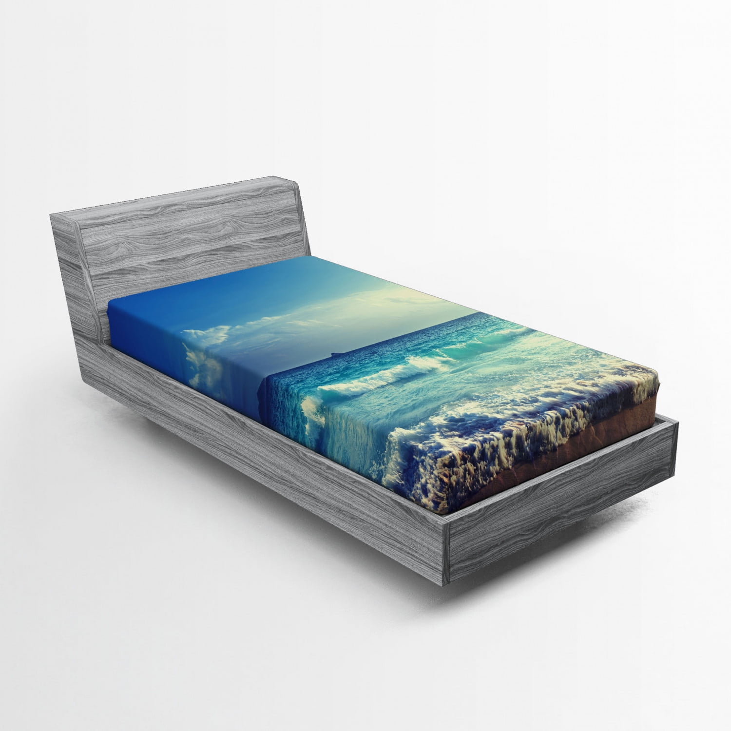 Soft Decorative Fabric Bedding All-Round Elastic Pocket Tropical Island Paradise Beach at Sunset Time with Waves and The Misty Sea Image Turquoise Cream Ambesonne Ocean Fitted Sheet Queen Size