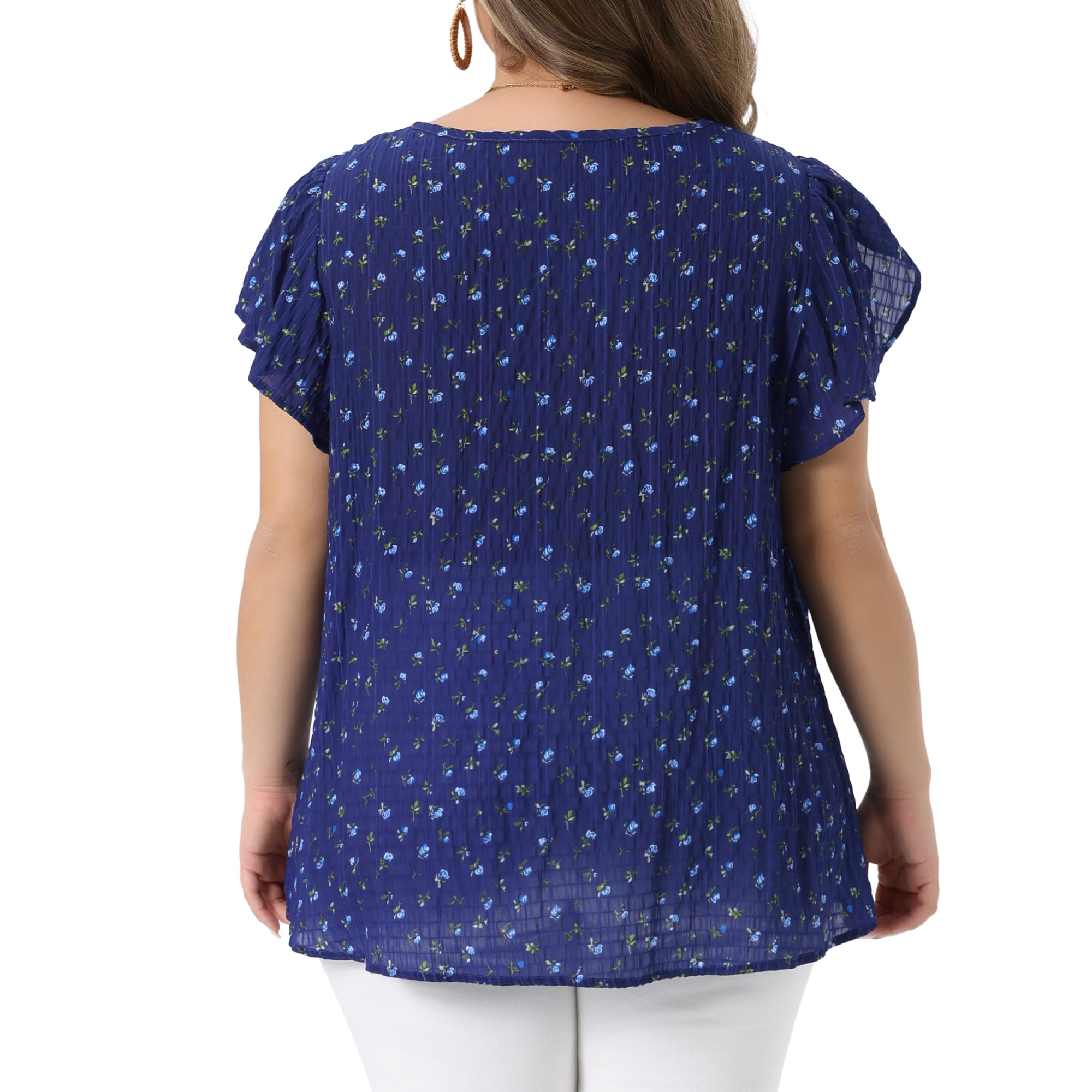 Women's Plus Summer Tops Floral Crew Neck Pleated Front Tulip Sleeve Dressy Blouse 4X Dark Blue