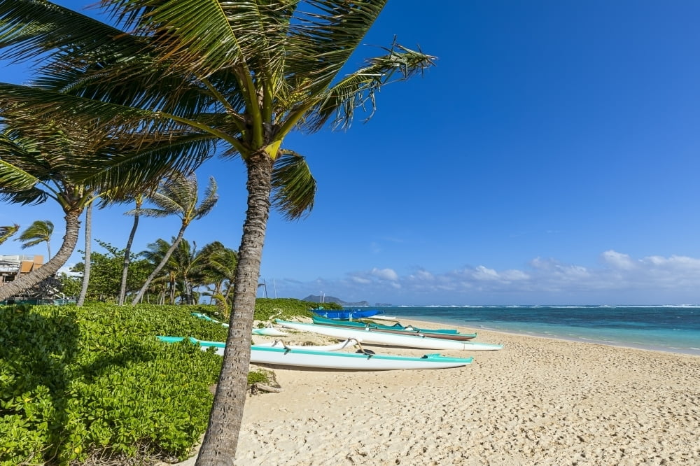 Lanikai Beach and kayaks on the white sand; Oahu, Hawaii, United States