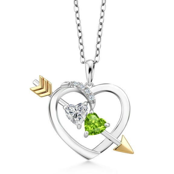 Gem Stone King 925 Silver and 10K Yellow Gold Lab Grown Diamond and Green Peridot Pendant Necklace for Women | 0.98 Cttw | Gemstone April Birthstone | Heart Shape 5MM | With 18 inch Chain