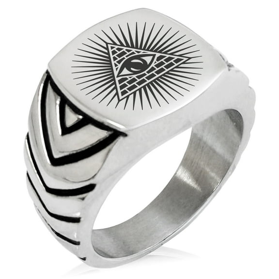 Stainless Steel All Seeing Eye of Providence Chevron Pattern Biker Style Polished Ring