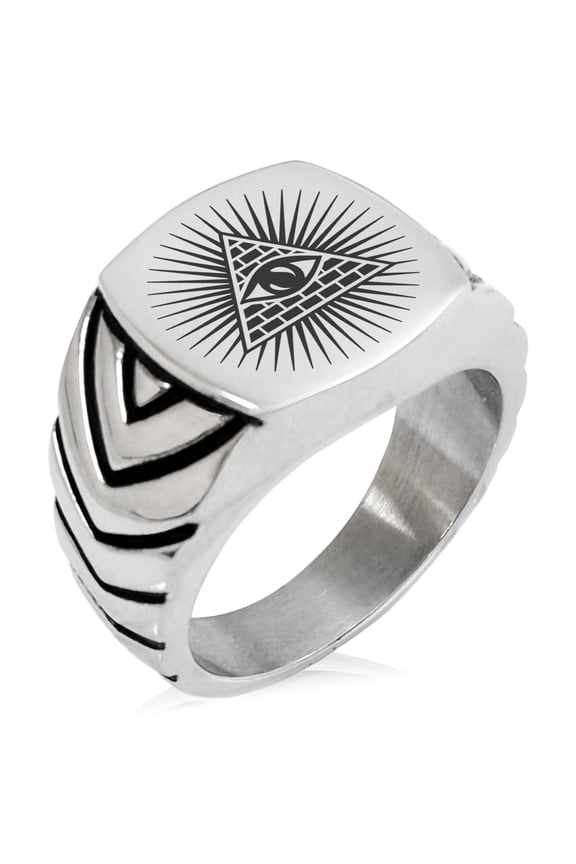Stainless Steel All Seeing Eye of Providence Chevron Pattern Biker Style Polished Ring