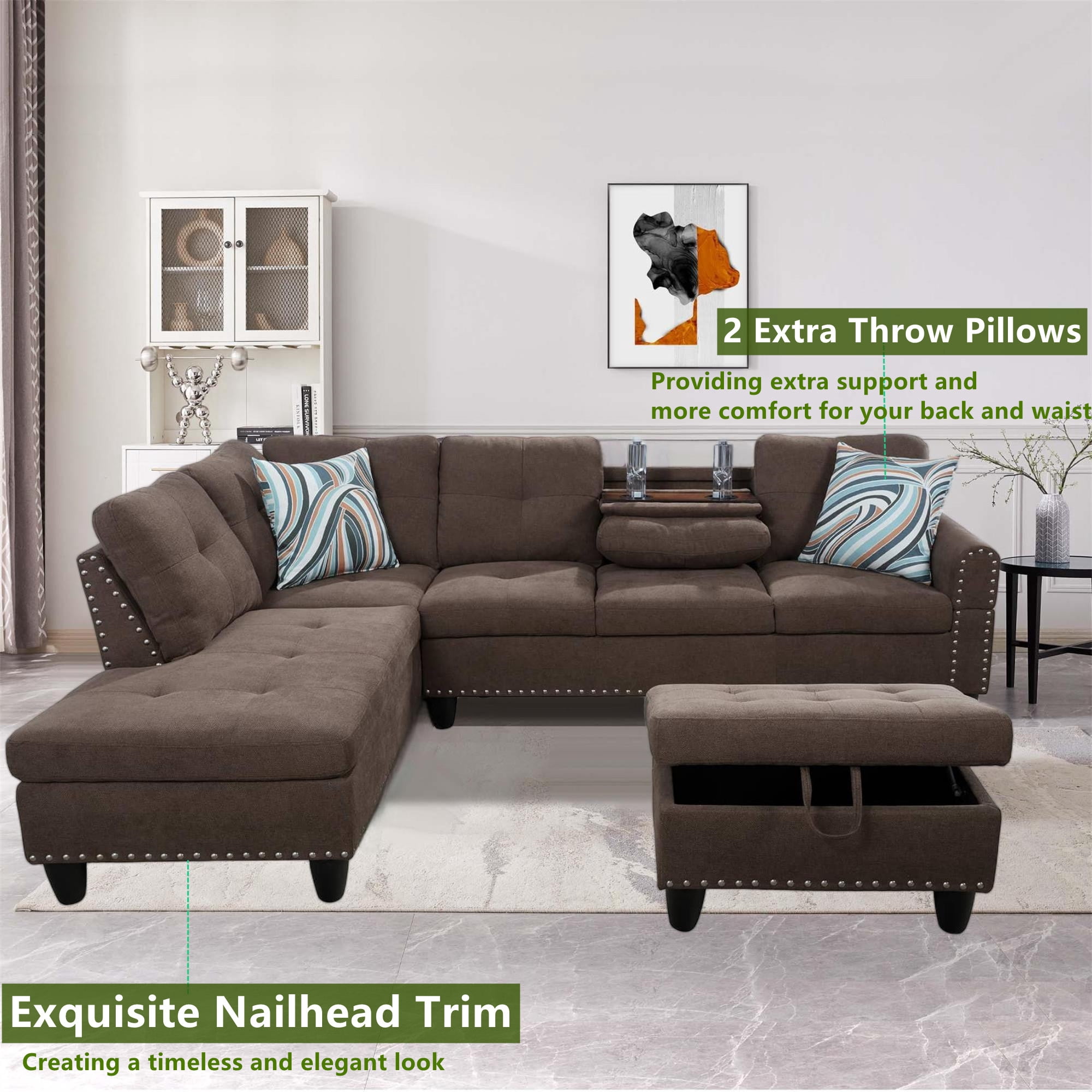 Aukfa 3 Piece Sectional Sofa, Living Room Couch with Storage Ottoman&Cup Holder, Linen, Left Hand, Brown