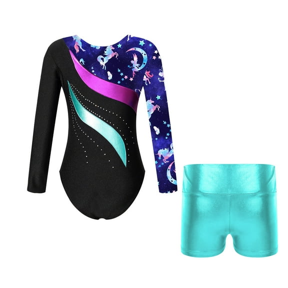 TiaoBug Girls 2 Piece Gymnastics Leotards Unitard Outfits Kids Workout Gym Training Bodysuit with Shorts  4