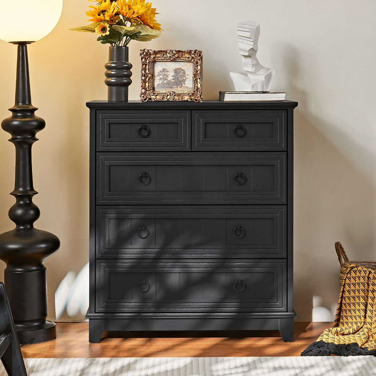 Farmhouse 5 Drawers Dresser for Bedroom with Smooth Metal Rails, Vertical Wood Dresser with Deep Drawers, Chest of Drawers for Bedroom, Black
