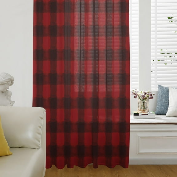 Merry Christmas Semi Sheer Curtains Drapes for Living Room,Bedroom,French Doors Window 108 Inches Long,Farmhouse Xmas Red Black Plaid Checkered Rod Pocket Chiffon Curtain Drapery Voile Drape Panel