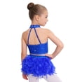 thumbnail image 2 of SiiRoh Kids Girls Sparkly 2 Piece Dance Outfit Halter Latin Jazz Dance Crop Top and Feather Briefs Fringe Skirt Royal Blue 14, 2 of 7