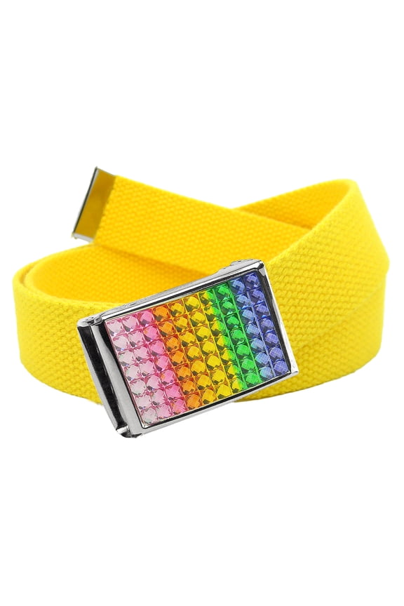 Women's Rainbow Crystal Flip Top Belt Buckle with Canvas Web Belt Medium Yellow