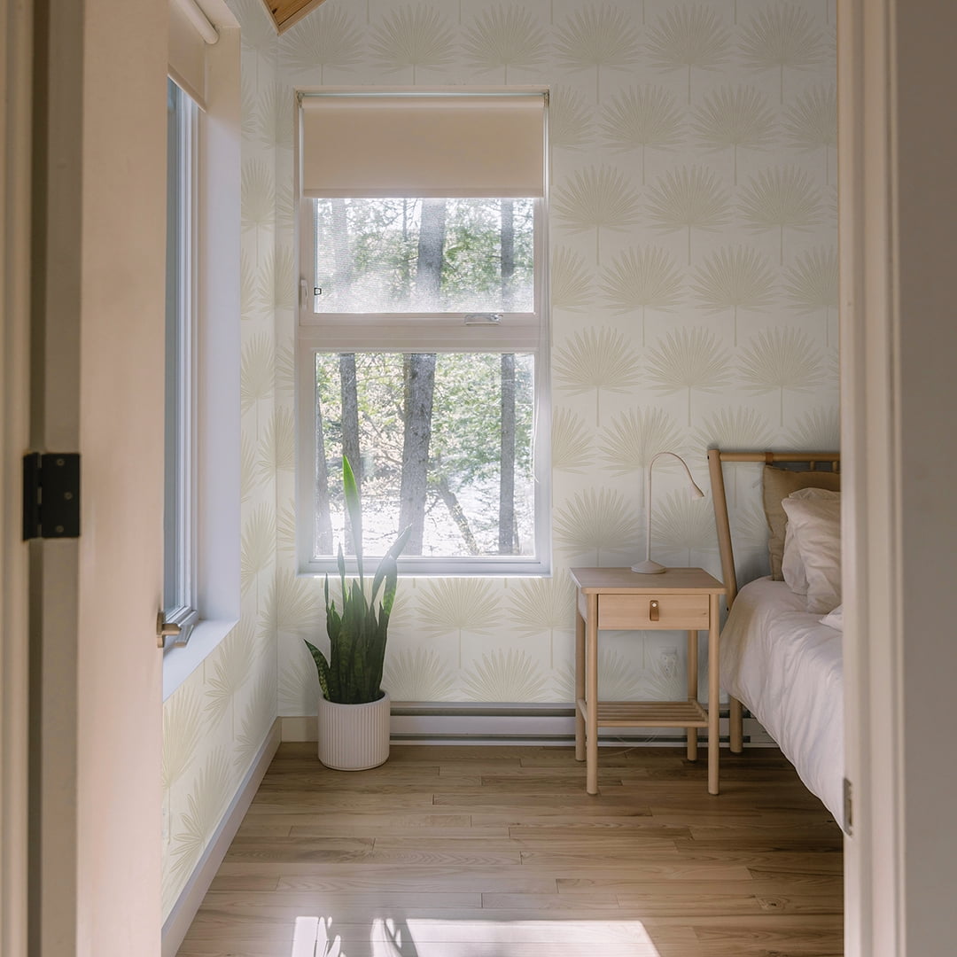 Stamped Palm Beige and Off-White Peel and Stick Wallpaper, 20.5" x 16.5'
