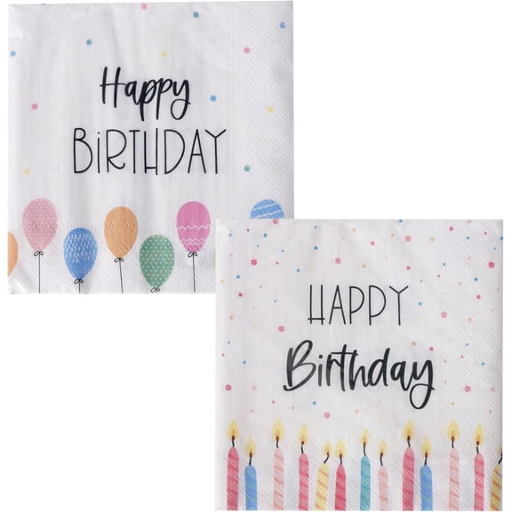 40 Count Happy Birthday Napkins, Festive Balloons and Candles Theme, 2 Packs of 20, 3 Ply Paper, Luncheon Size, 6.75 x 6.75 Inches, Food Safe Inks
