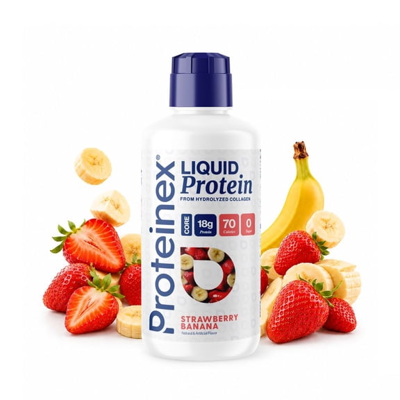 Proteinex Core Liquid Collagen Peptides, 18g Protein per serving | Zero Sugar, Zero Carbs, Ready to Drink | (Strawberry Banana, 30 Fl Oz)