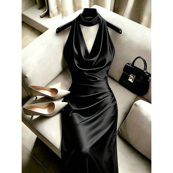 Women's Halter Cowl Neck Satin Maxi Dress, Solid Black Ruched Elegant Formal Party Dress