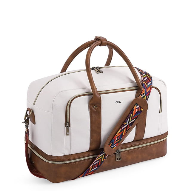 Bolsa de lona CLUCI Weekender para mujer, color blanco y marrón