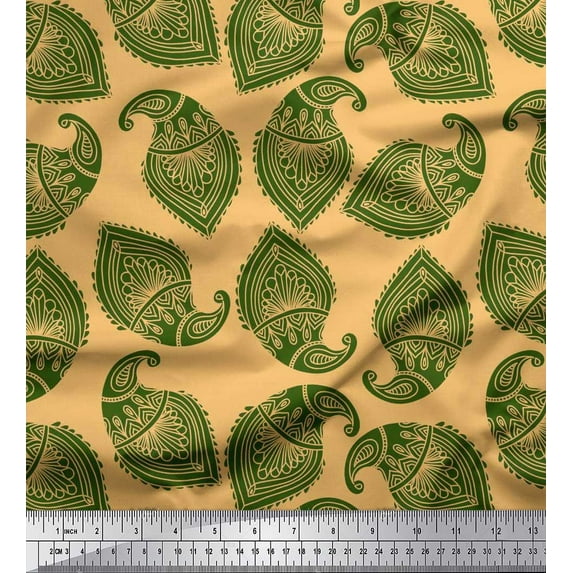Soimoi Orange Poly Georgette Fabric Green Paisley Print Fabric by the Yard 52 Inch Wide
