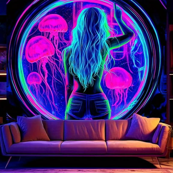 1PC, 2D/Flat polyester fluorescent tapestry, Mushroom Planet Meditation Underworld, UV black light reaction tapestry 78.74*59.06 inches, very suitable for living room, bedroom, office, home decoratio