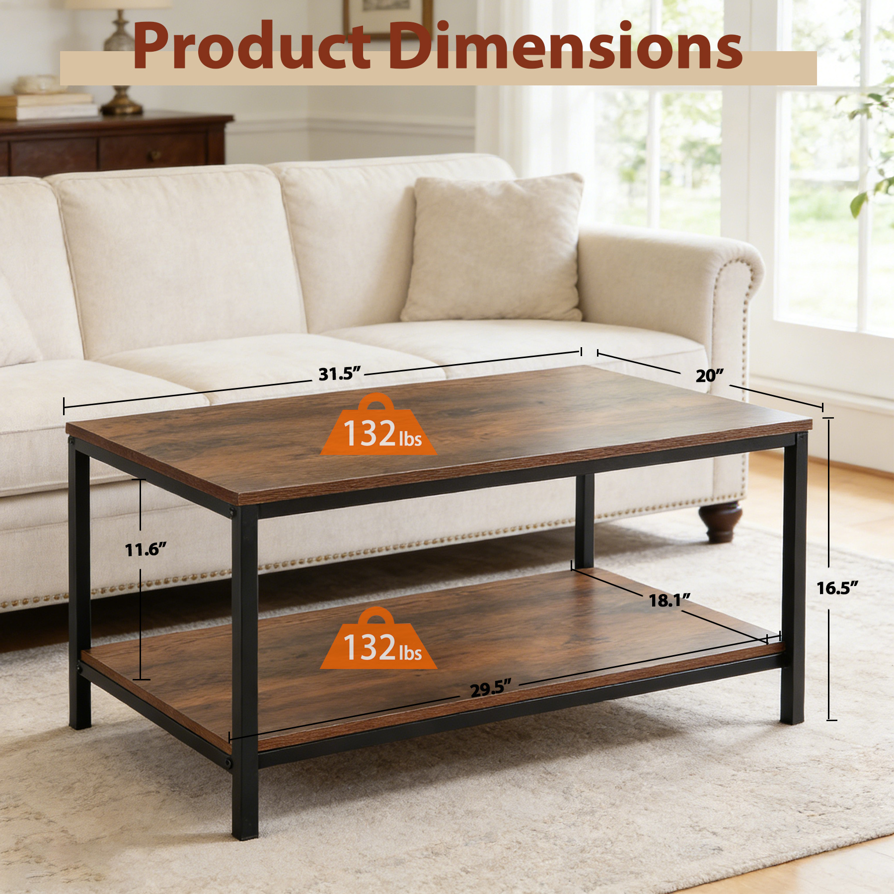 HomGarden Industrial Rectangle Wood Coffee Table, Rustic Brown photo 2