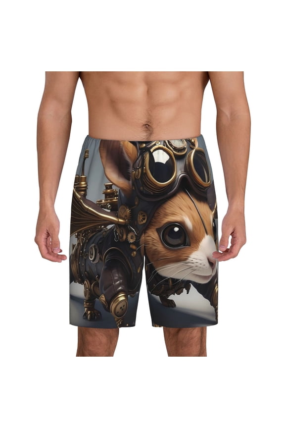 Steampunk Squirrel Pilot Print Men's Short Pajama Pants, Elastic Pocket Summer Pajama Pants Sleepwear, Lounge Pants-Medium