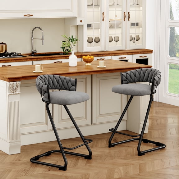 Apeaka, 24’’ Bar Stools Set of 2, Counter Height Bar Stools with Woven Backrest, Padded Seat & Z-Shaped Legs, 300 lbs Capacity, Grey
