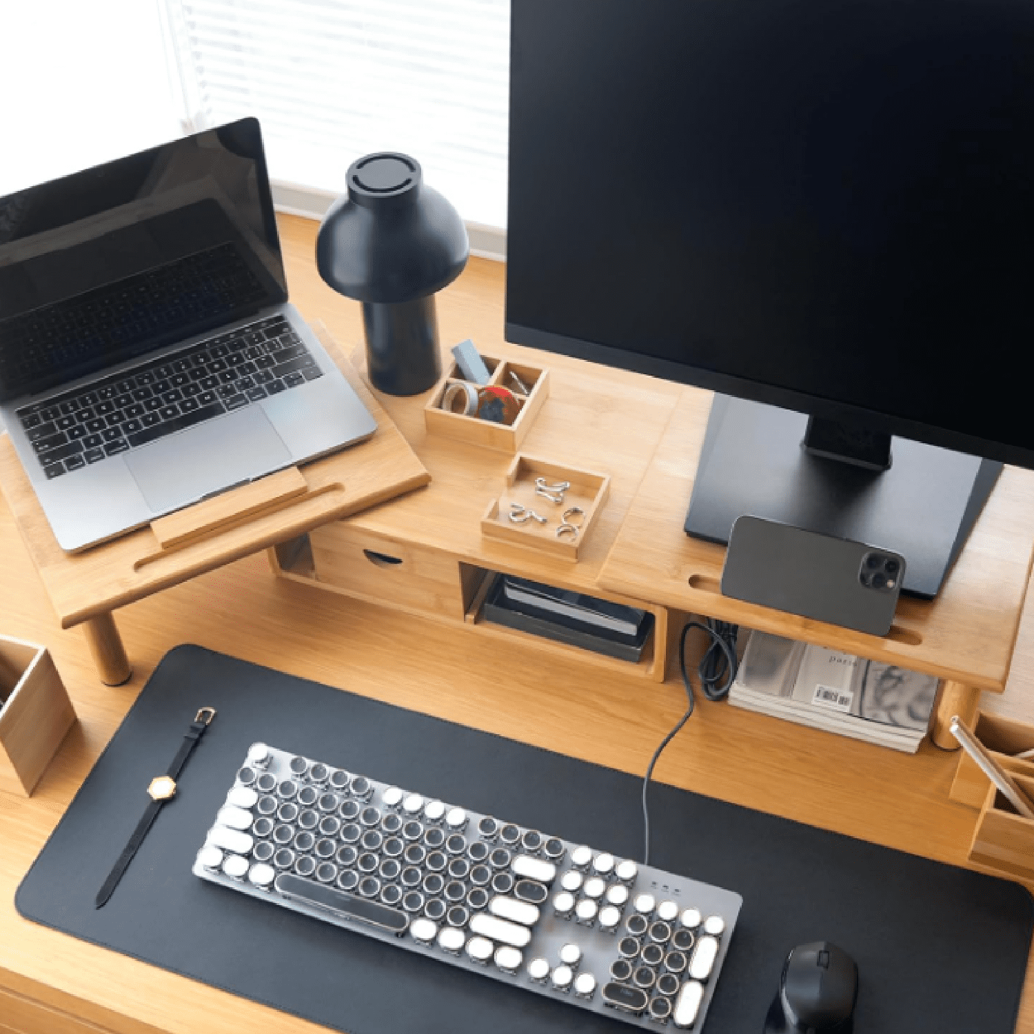 Dual Monitor Stand Riser with Drawer for Desk Laptop Desk Shelf with Adjustable Length and Angle, Bamboo Computer Stand Riser for 2 or 3 Monitors Screen Laptop PC TV -Natural