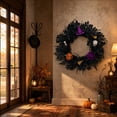 thumbnail image 3 of Halloween Artificial Black Foliage Wreath with Witch Hat, Spider, Skull, Pumpkin and Purple Rose | Spooky Halloween Wreath for Front Door Porch Wall Home Party Decor, 3 of 9