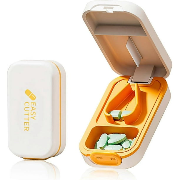 Small Pill Cutter,Pill Cutter Splitter for Small and Tiny Pills,Pill Splitter with Safety Lock,Easy Open Close,Professional (White Orange)