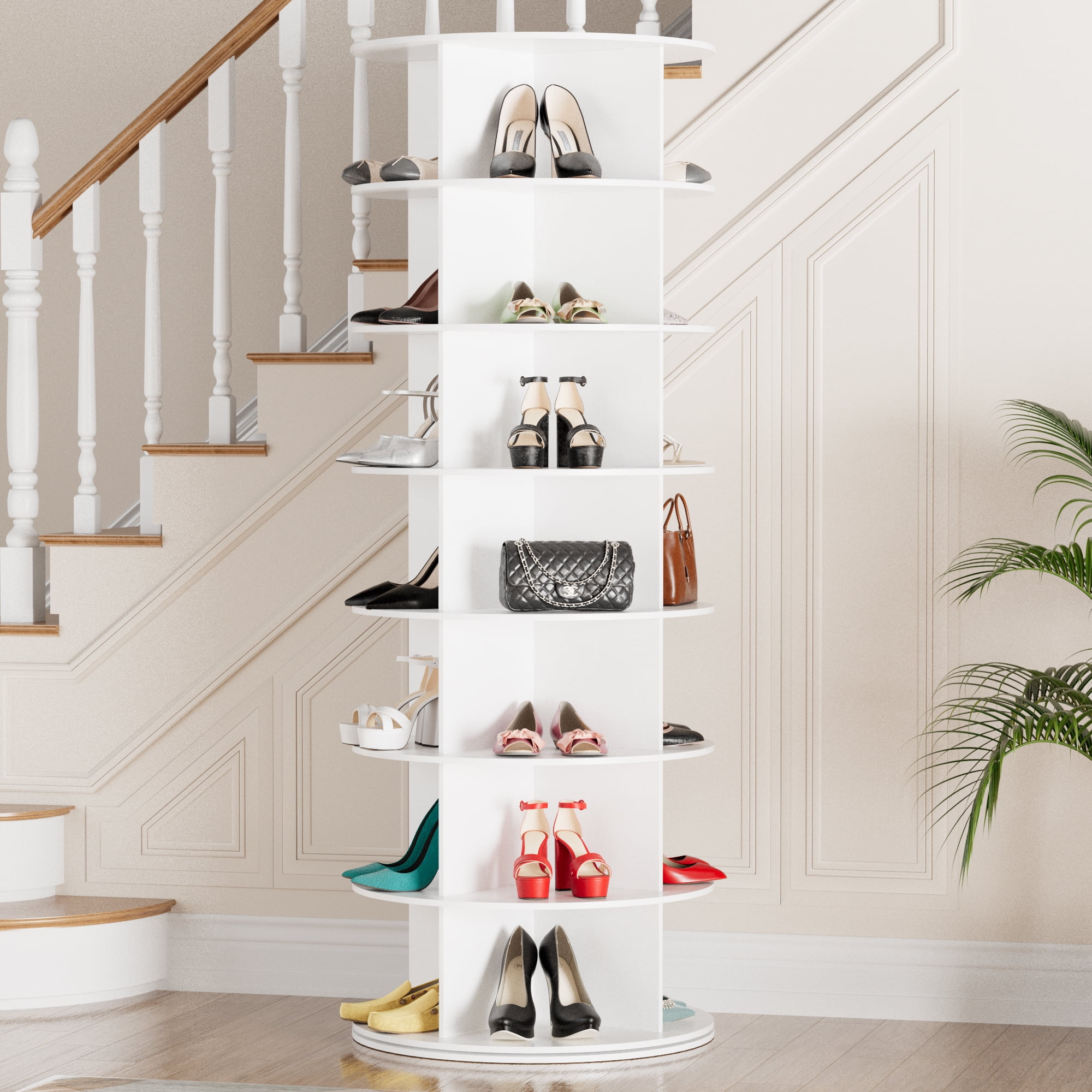 SpaceAid Rotating Shoe Rack Tower 7 Tier, Display Lazy Susan, White, 23.2"D x 23.2"W x 63"H