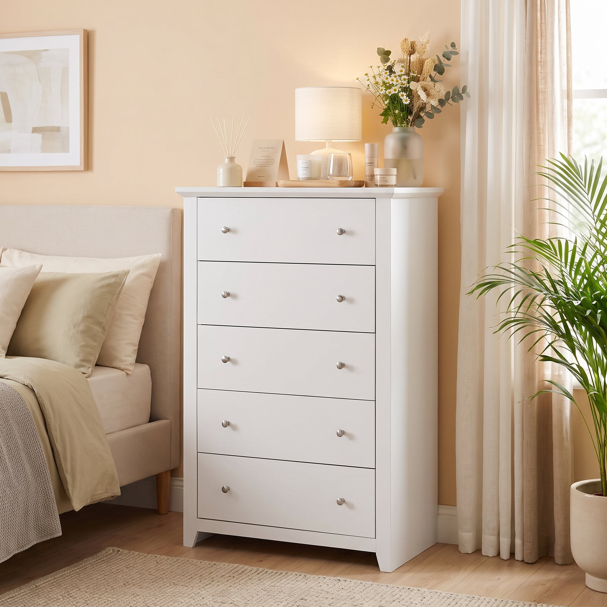 TrumanPick White Dresser Tall 5 Drawer Dressers for Bedroom Wood Chest of Drawers for Living Room Hallway Entryway 47.2"H x 31.1"W x 15.7"D