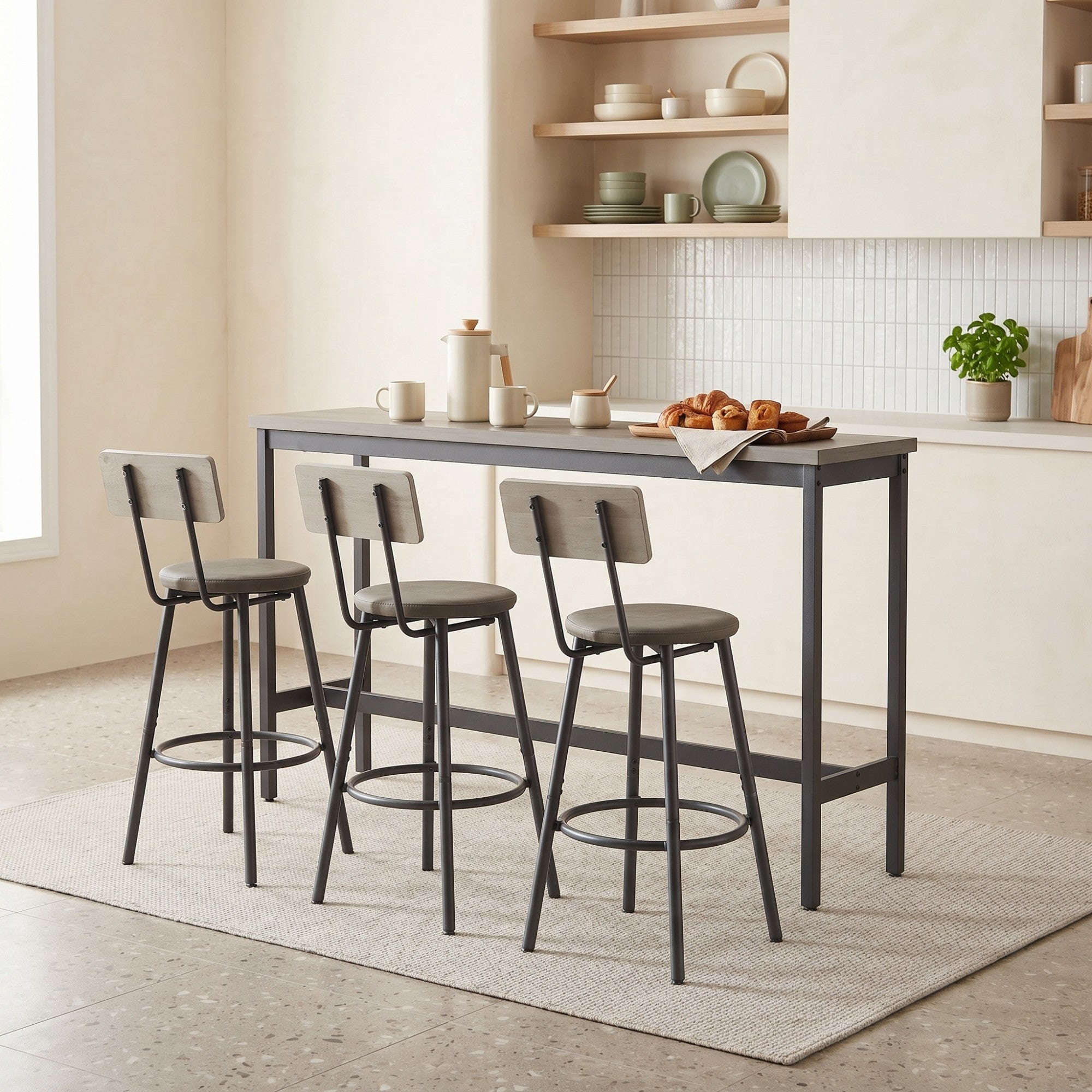 Sailvan Long Bar Table Set with 3 PU Upholstered Stools, Industrial Style for Home