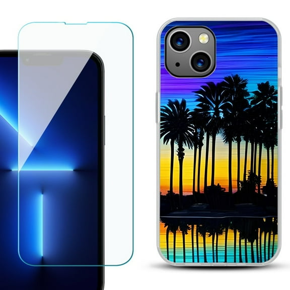 OneToughShield ® for iPhone 15 Plus Shockproof Phone Case, with Tempered Glass Screen Protector - Palmtree