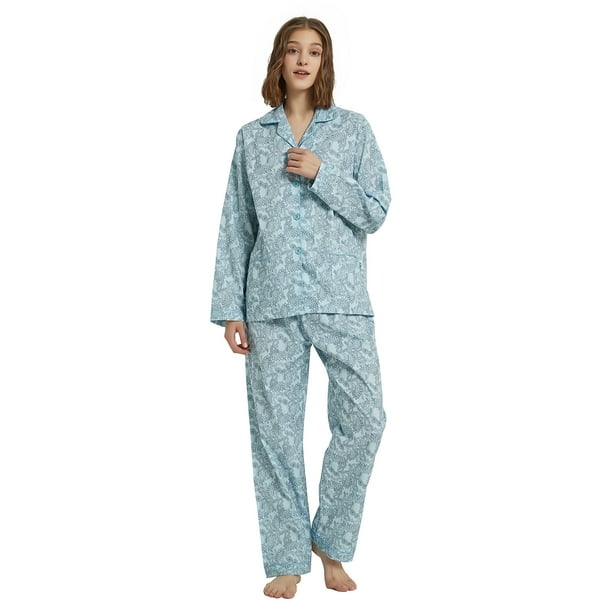 GLOBAL Conjuntos de Pijamas de Algodón para Mujer, Ropa de Dormir de Manga Larga con Botones, Ropa de Dormir Cómoda, Conjunto de Pijama Suave, Paisley Verde XXL