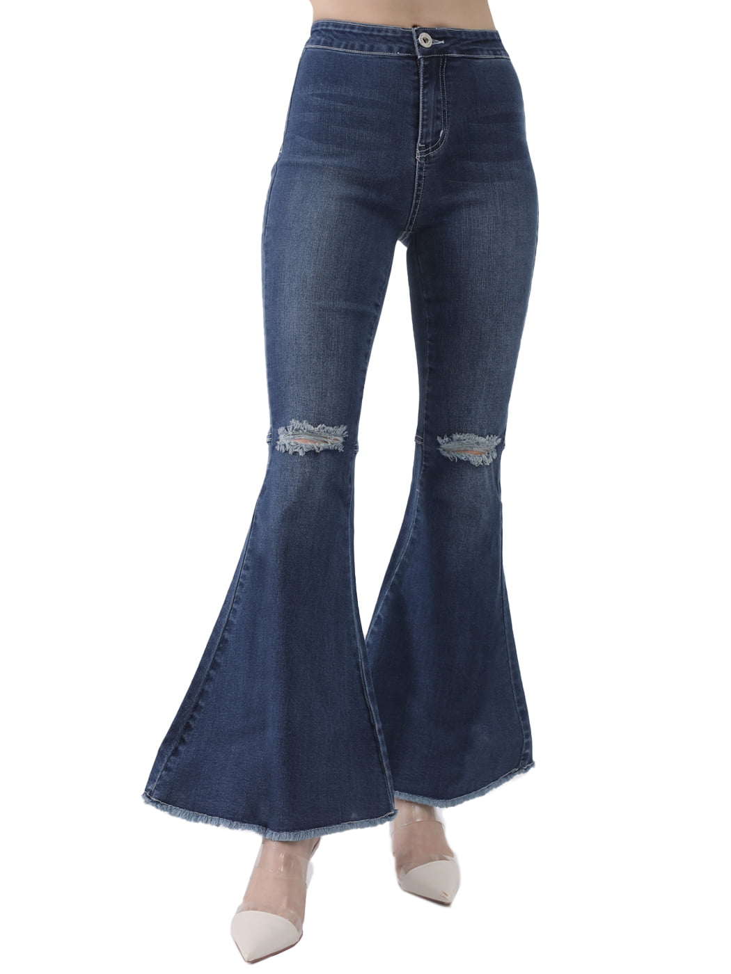 Feinuhan Womens Fashion Ripped High Waist Classic Denim Bell Bottom Jeans Dark Blue