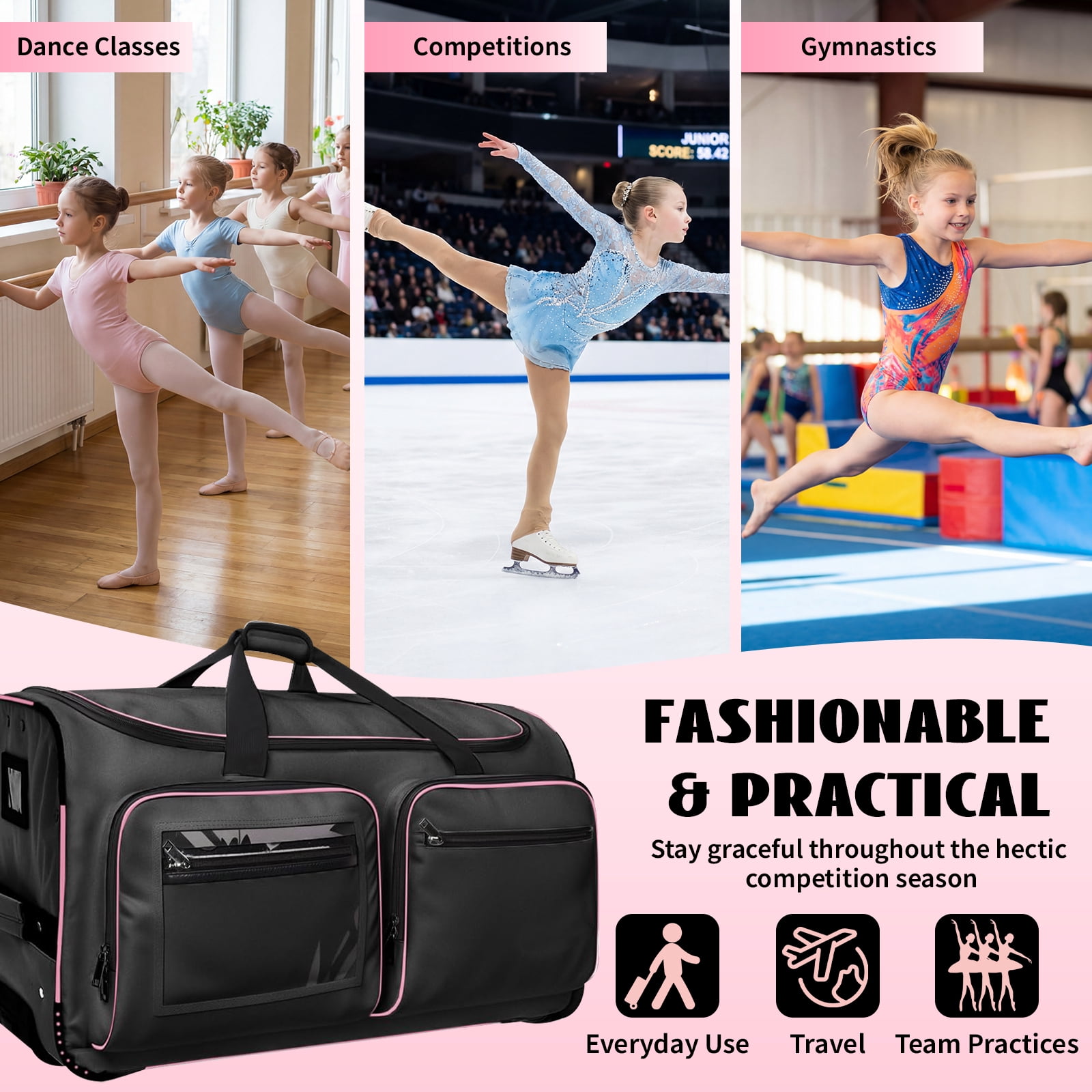 Fegat New Upgraded Dance Bag with Garment Rack,23" Lightweight Rolling Dance Duffel Bag Stable System Wheeled Costume Dance Bag for Dancers Shows Livestreamer Athletes