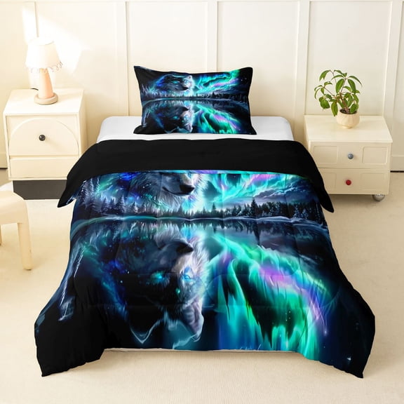 Manfei Safari Animal Twin Comforter Sets,Northern Lights Bedding Set,Black Green,Black Reversible,2pcs,1 Comforter and 1 Pillowcase
