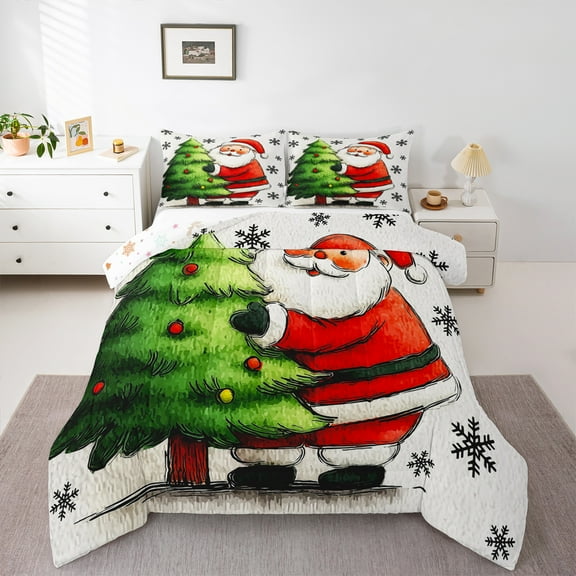 Manfei Kawaii Santa Claus Bedding Comforter Set,Green Christmas Green Twin Comforter Sets,Xmas Snowflake Bedding Set For Child,Super Cozy Room Decor Reversible,2 Pieces