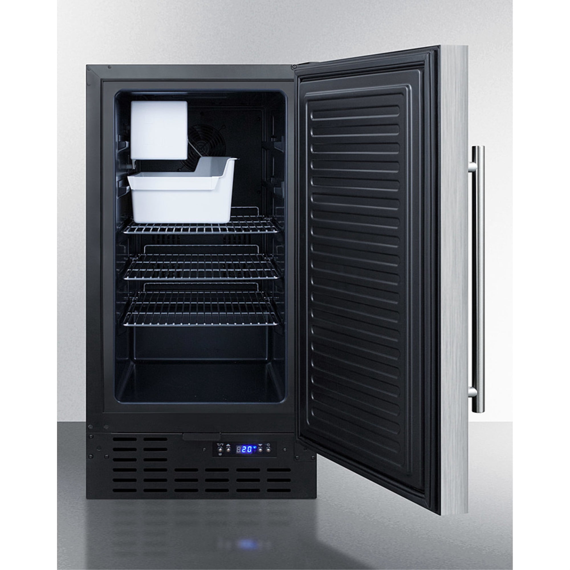 18" wide built-in undercounter manual defrost crescent icemaker with stainless steel door; no drain required