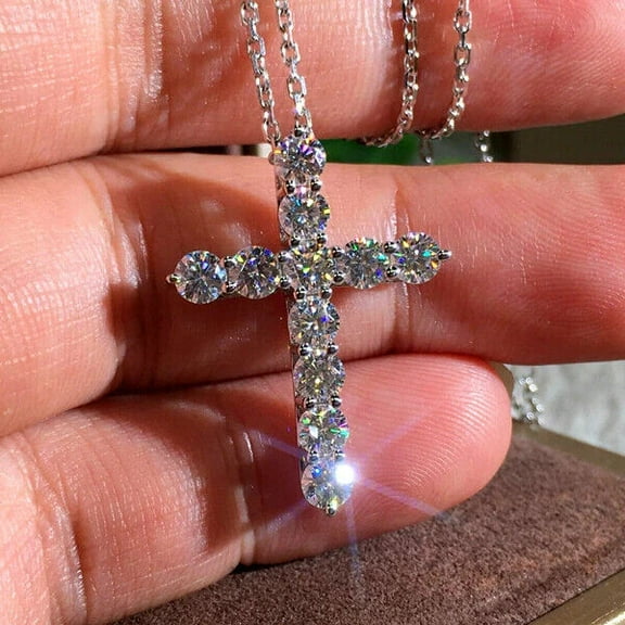 Christmas Gift Sale Real Moissanite 3.00Ct Round Cut Cross Pendant 14K White Gold Plated Silver Free Chain