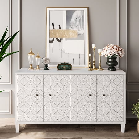 Fulvari Modern Sideboard Buffet Cabinet With 4 Doors Wooden Storage Cabinet With Square Metal Handles And Adjustable Shelves For Living Room Entryway Hallway Dining Room Kitchen