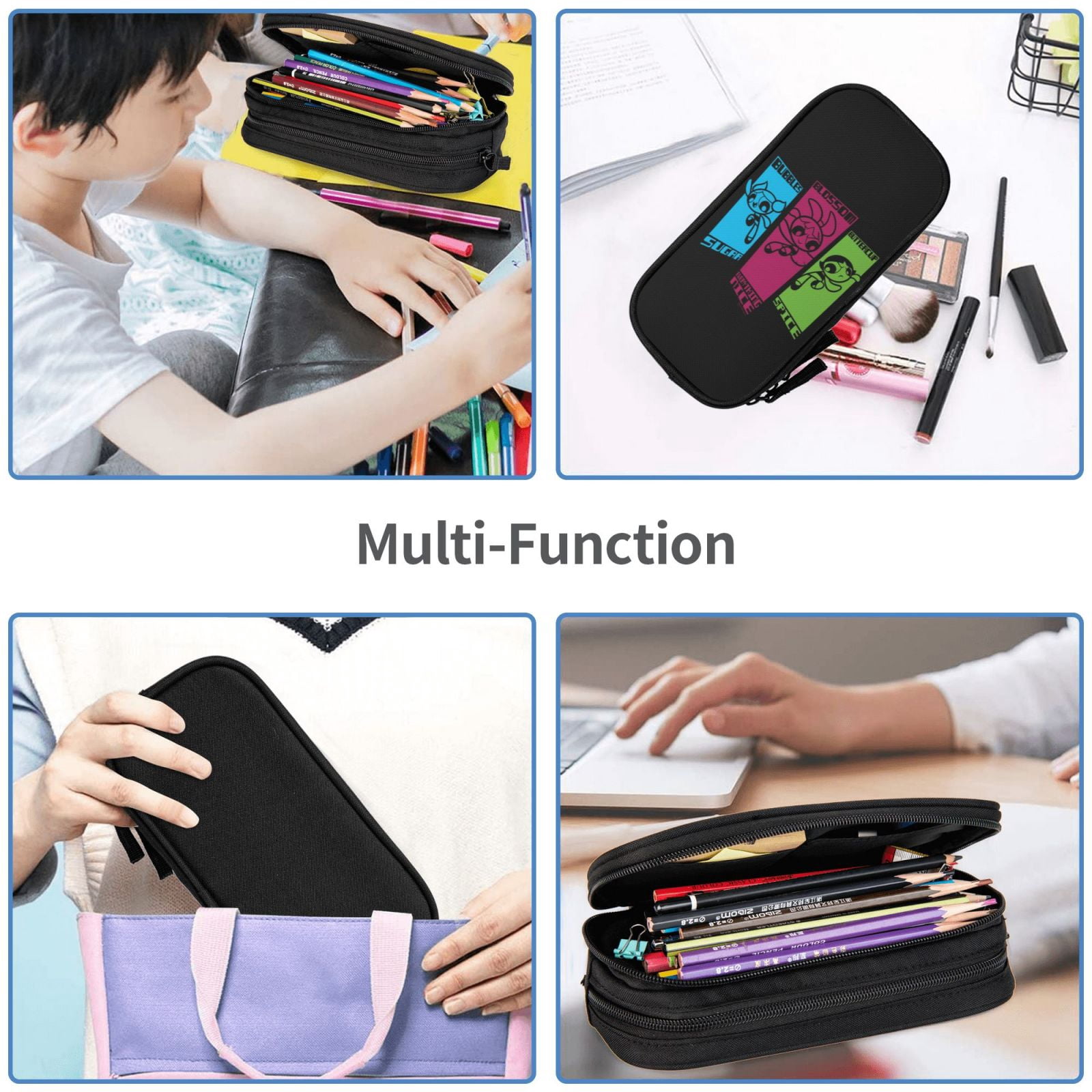 The Powerpuff Gi-rls Pencil Case Large Capacity Pencil Pouch Penbag Office Stationery Organizer Travel Makeup Bag Black