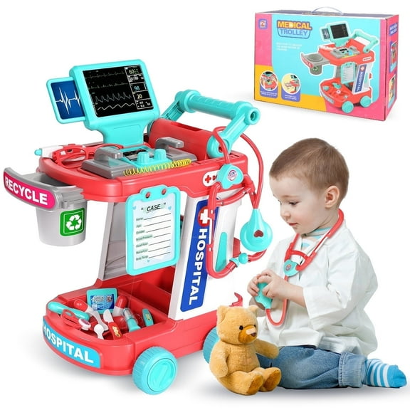 Hot Bee Medical Trolley Cart for Toddlers, Doctor Pretend Playset with Stethoscope for Kids 3 4 5 6, Role Play Christmas Gift Toys for Boys Girls 3 (Red)