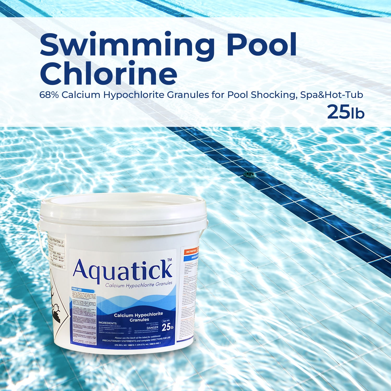 Aquatick Pool Shock 68% Calcium Hypochlorite – 25 LB Chlorine Granules for Swimming Pool, Spa & Hot Tub – Fast-Dissolving Algaecide & Bacteria Eliminator – Powerful Pool Sanitizer Clean & Clear Water
