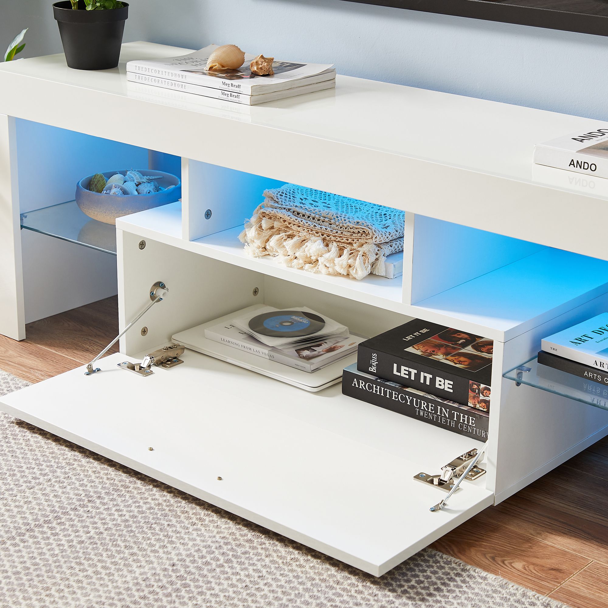 DEALTOPS Modern TV Stand with 16-Color LED Lights and Big Drawer, Minimalistic Media Console with Glass Shelves for TVs up to 55'' -White