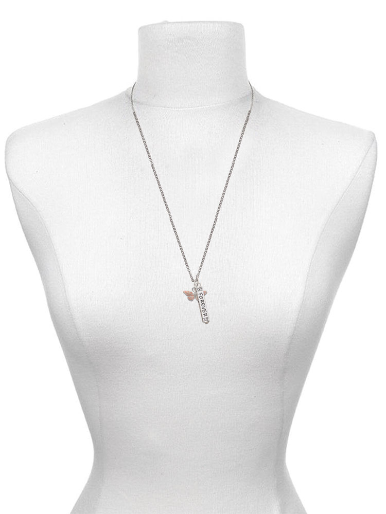Delight Jewelry Silvertone Small Pink Butterfly Silvertone Sisters Best Friends Forever Bar Charm Necklace, 23"