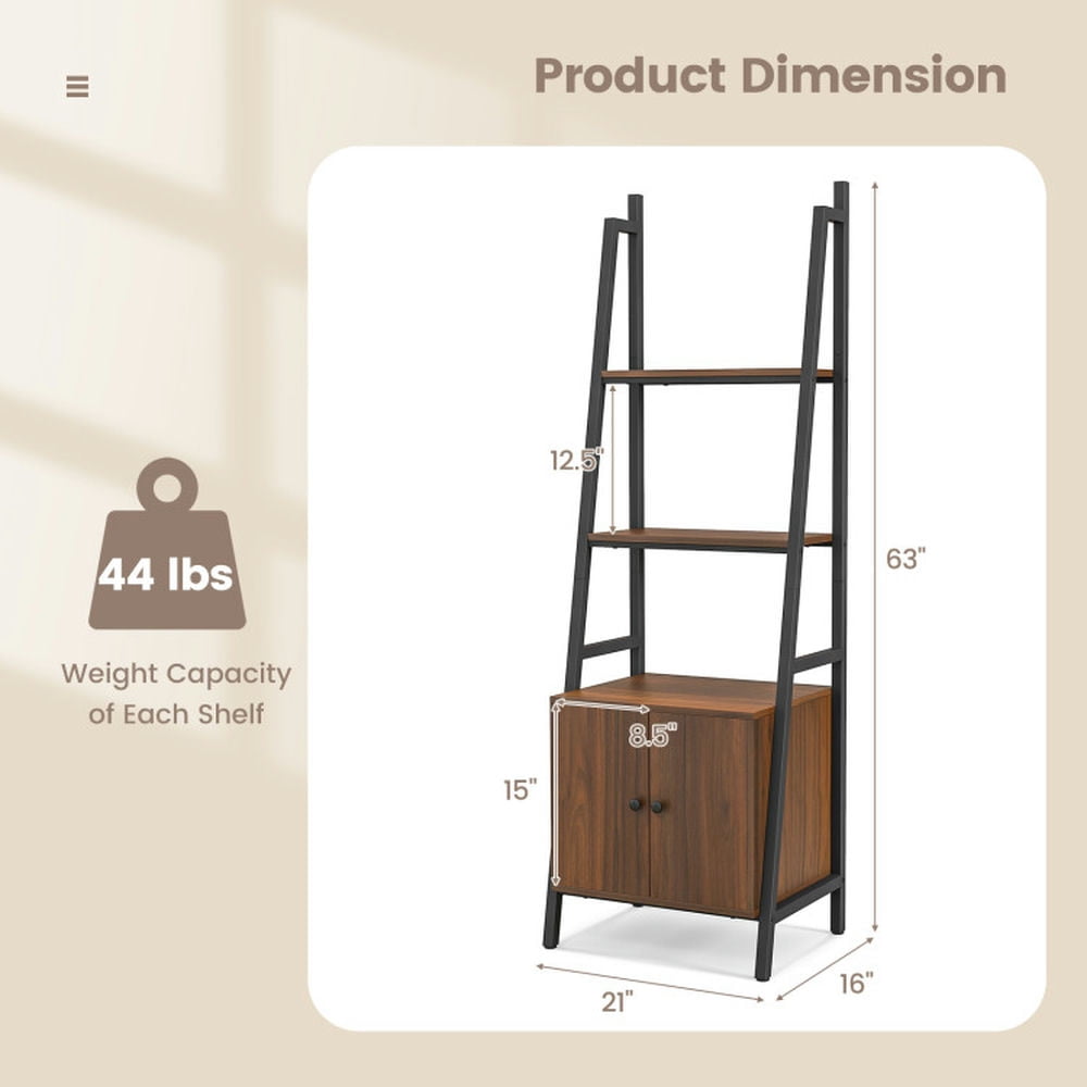 Demi Bonn 4-Tier Ladder Bookshelf with Cabinet and Metal Frame, Free Standing Bookcase, Brown