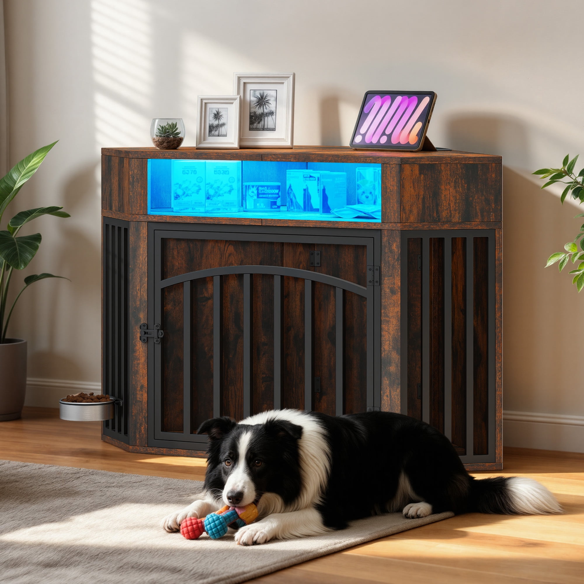 Uforic 52 Inch Rustic Brown Corner Dog Crate Furniture, Indoor Heavy Duty Kennel with LED Light, Power Outlets & 360° Bowl