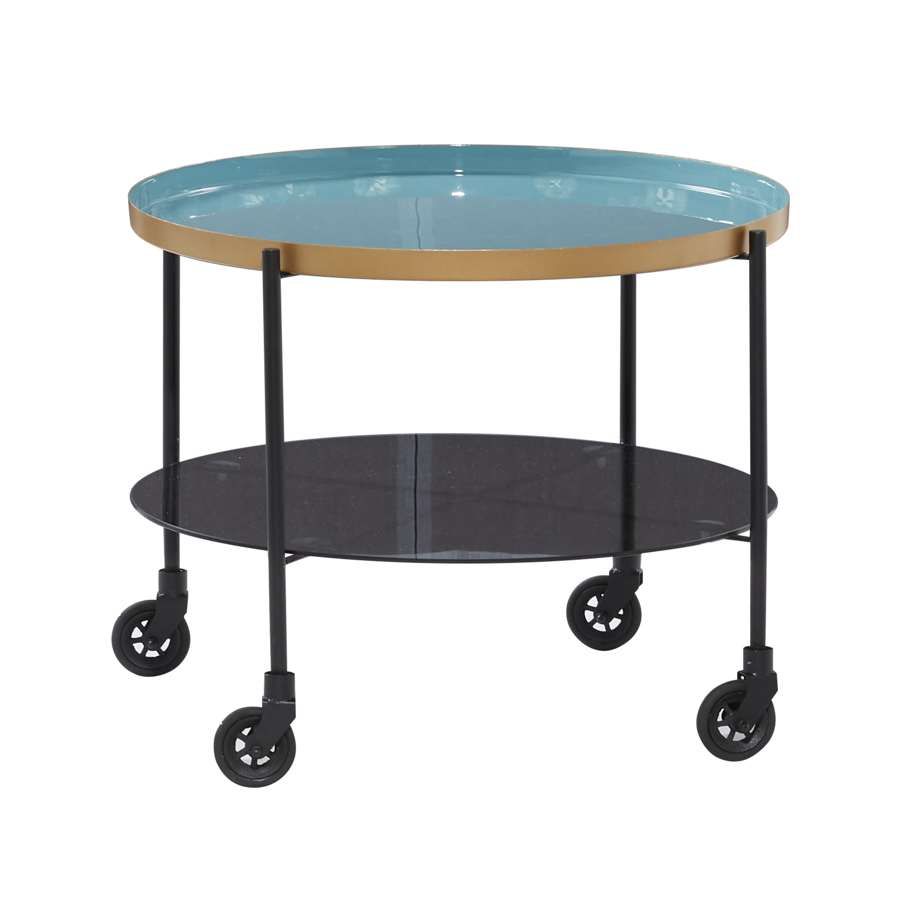DecMode 18346 Round Black Metal Wheeled Coffee Table with Teal Enamel Tray Top and Tinted Glass Shelf, 26 in X 19 in