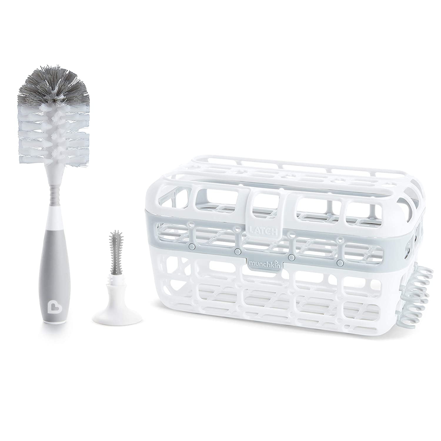 Munchkin Baby Bottle and Small Parts Cleaning Set with Dishwasher Basket and Bristle Bottle Brush, Gray